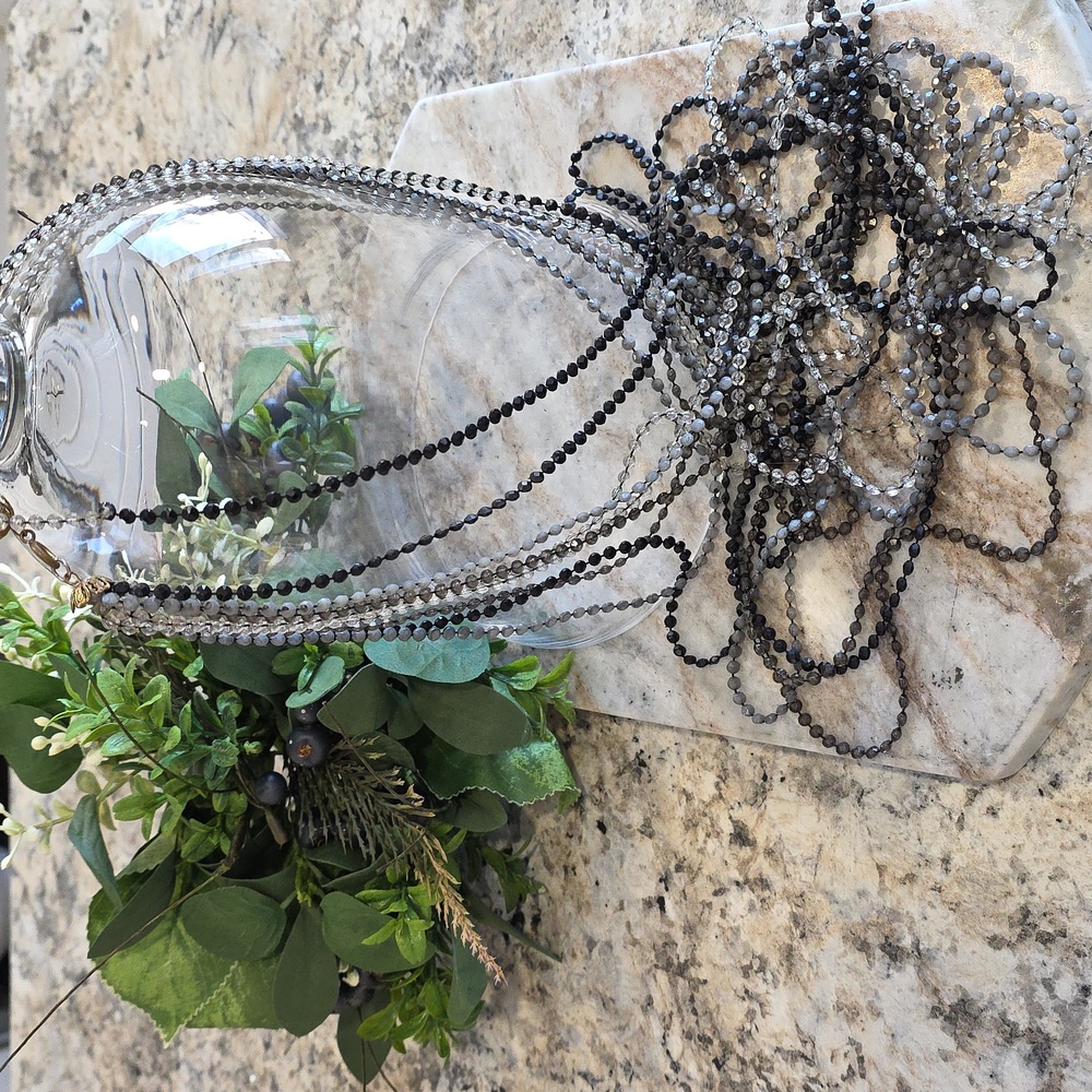Vintage Czech Black Gray Beaded Multilayered Long Neutral Necklace Womens EUC